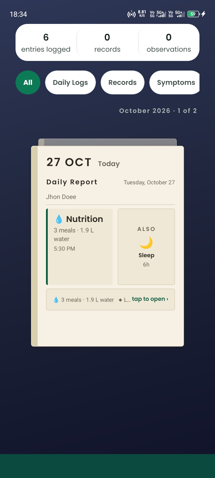 HealthGraph daily report: nutrition, sleep and the shape of the day on one card